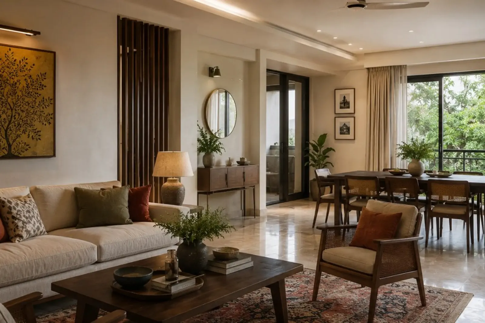 An organic modern living and dining space with cane furniture and warm natural light