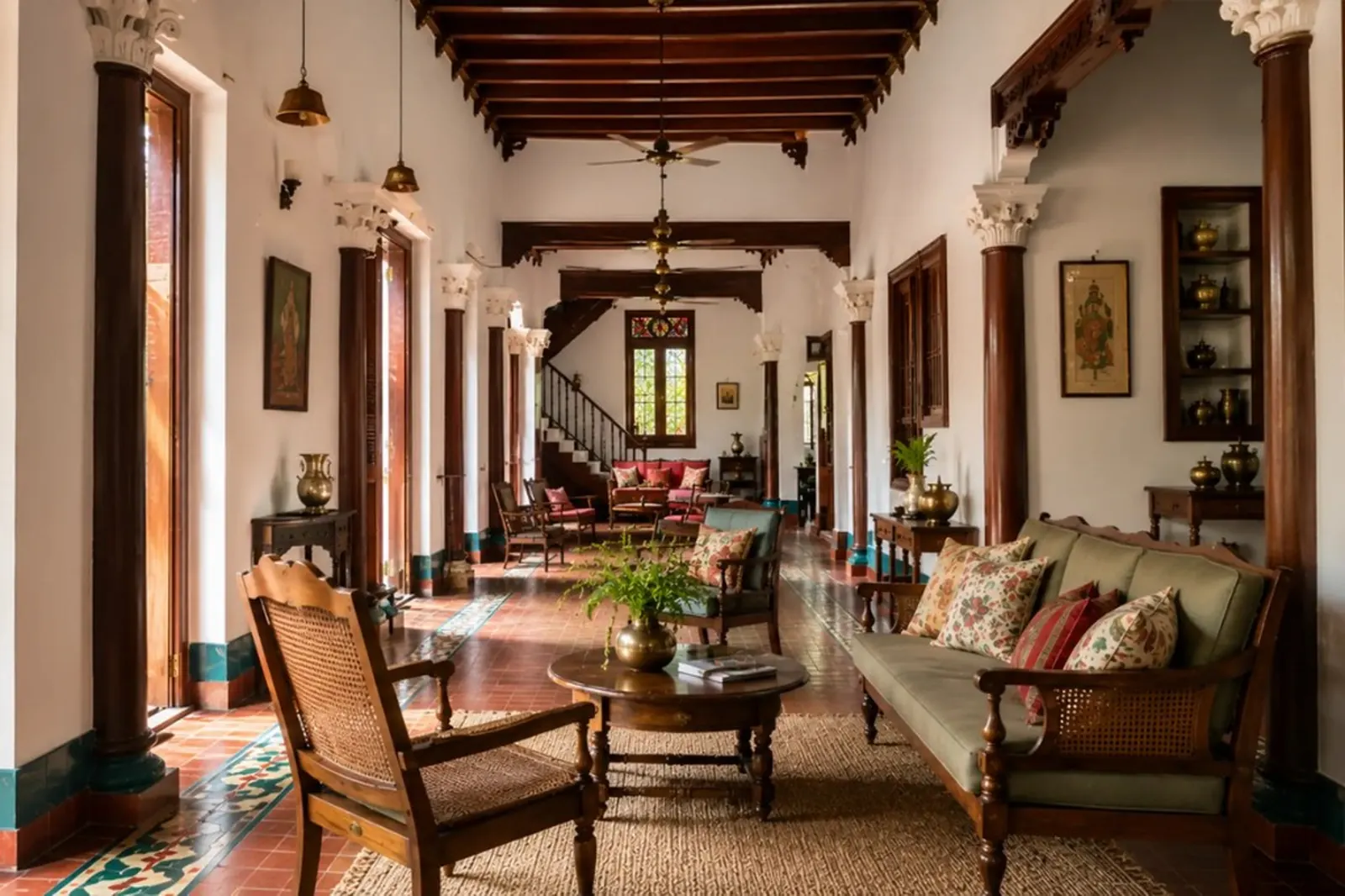 A heritage Chettinad residence with carved wood columns and terracotta floors